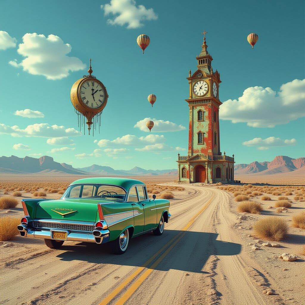 Abandoned 1957 Chevy on Desert Road with Melting Clock Tower