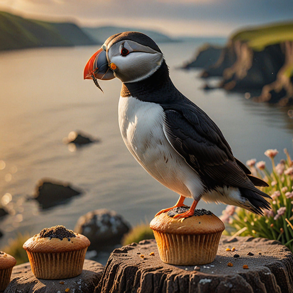 Hyper-Realistic Puffin Perched on Muffin in Warm Morning Lig...