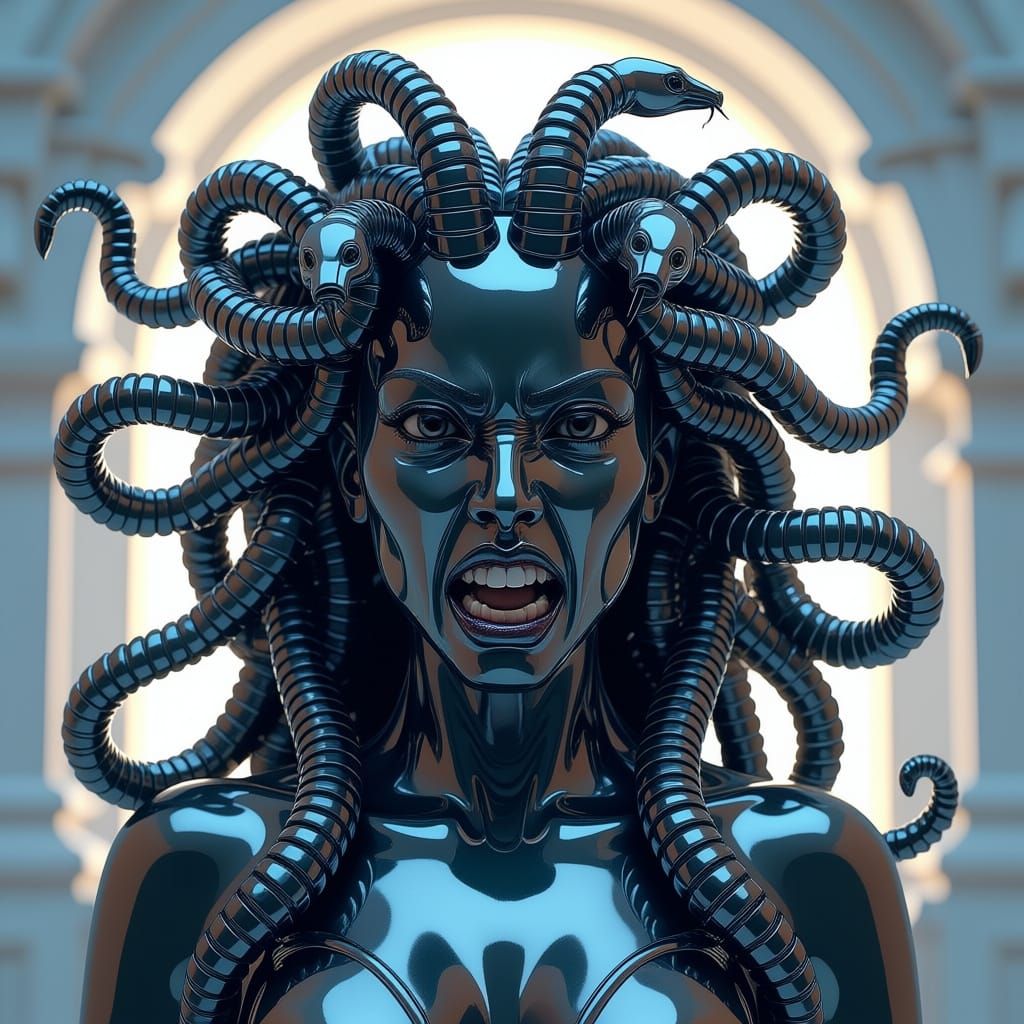 Chrome Medusa Statue with Ferrofluid Hair in 8K