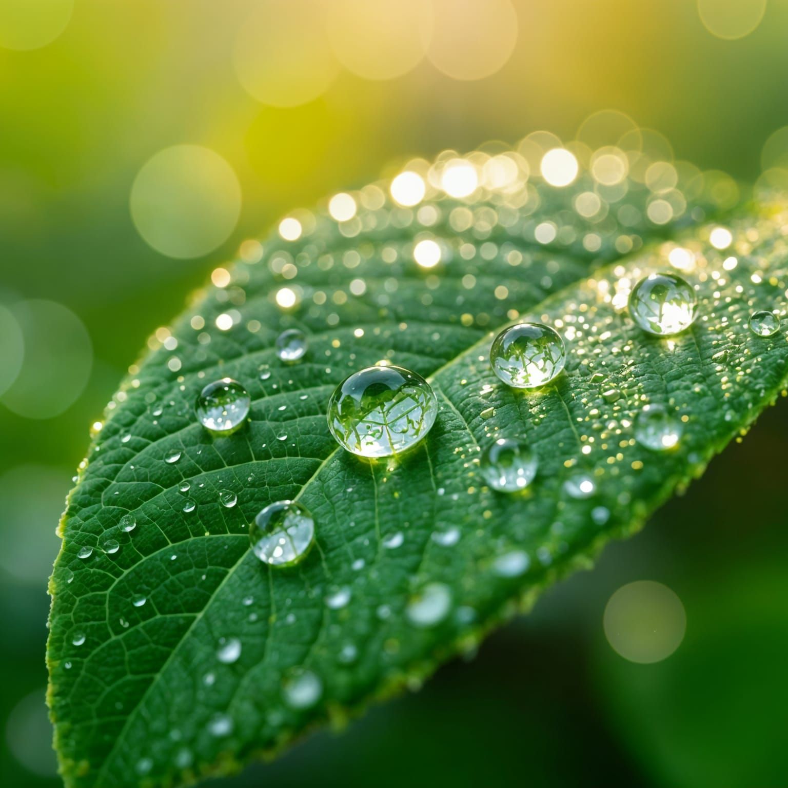 Macro Dew Drops on Leaf: Shallow Depth of Field