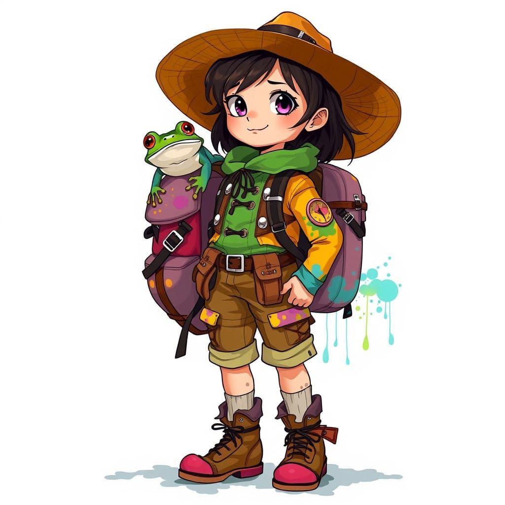 Whimsical Girl in Explorer Attire, Surrounded by Playful Fro...