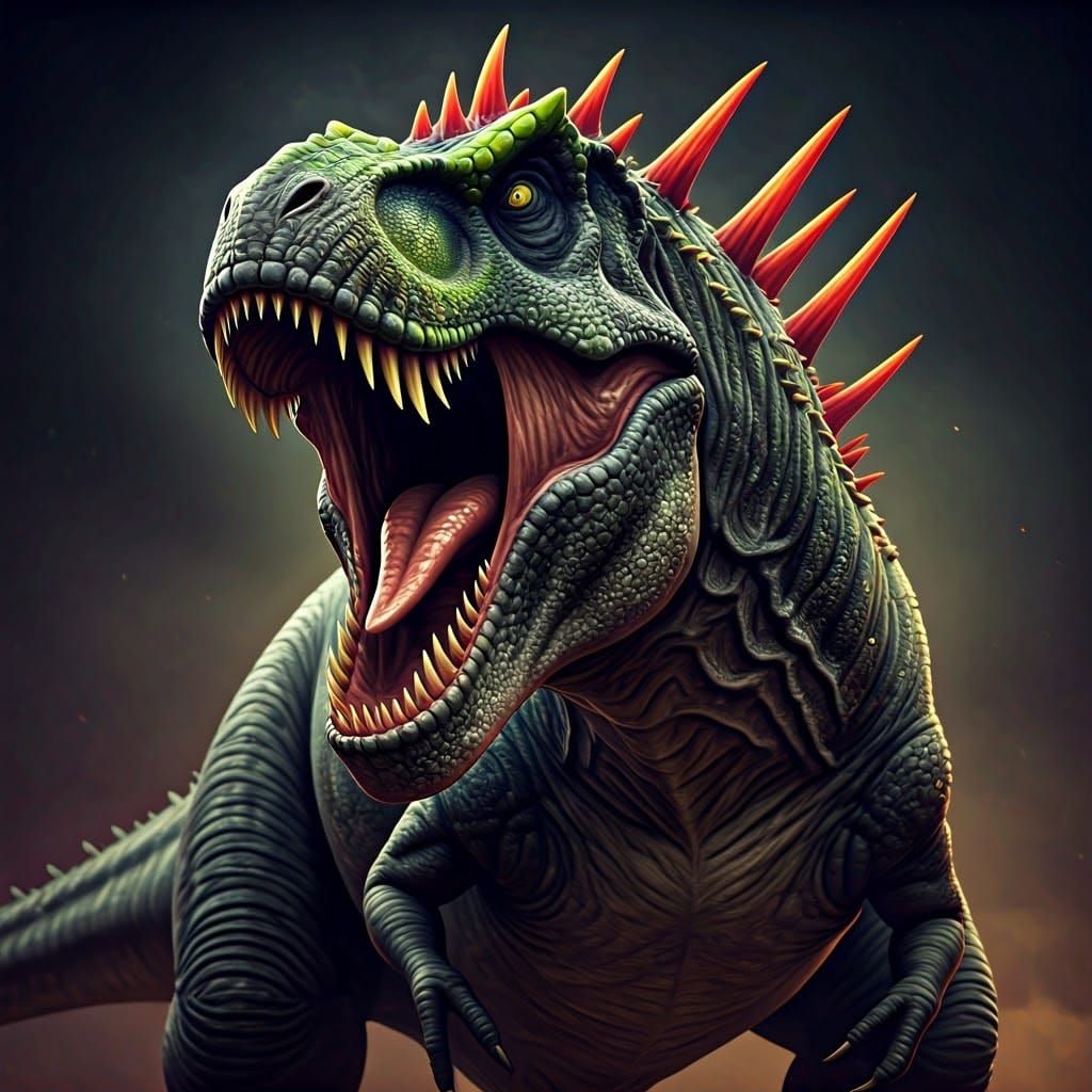 Mutated T-Rex with Bioluminescent Quills in Dark Fantasy Sty...