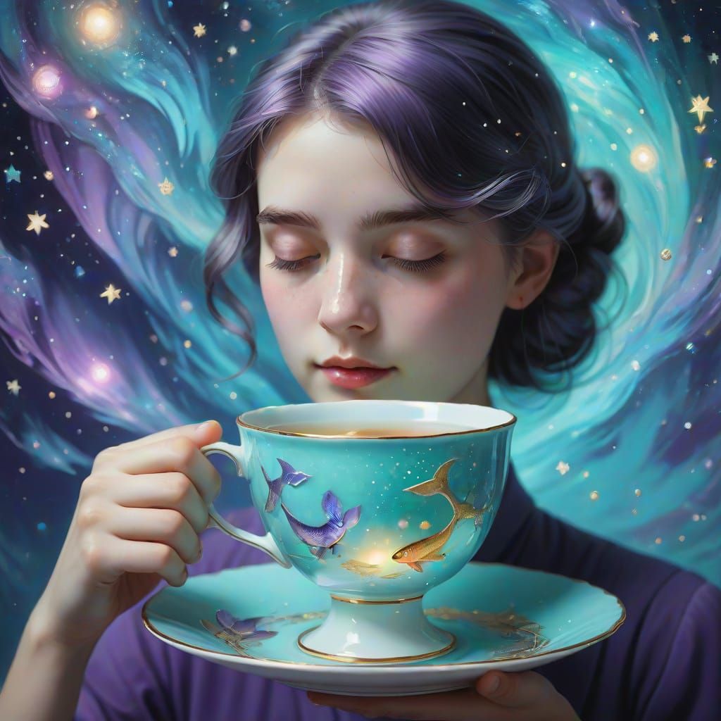Surreal Dreamer Holds Glowing Cup of Enchantment
