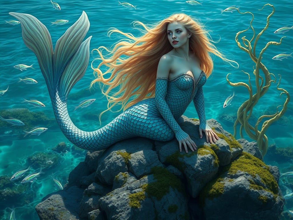 Siren in Dark Fantasy Seascape with Intricate Scales and Iri...