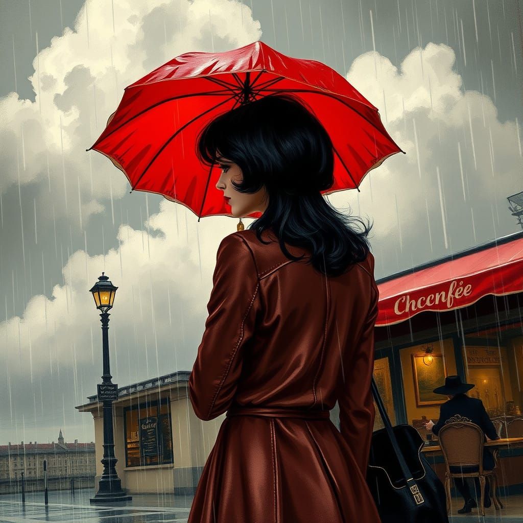 Elegant Woman Rushes to Charming Café on Stormy Day
