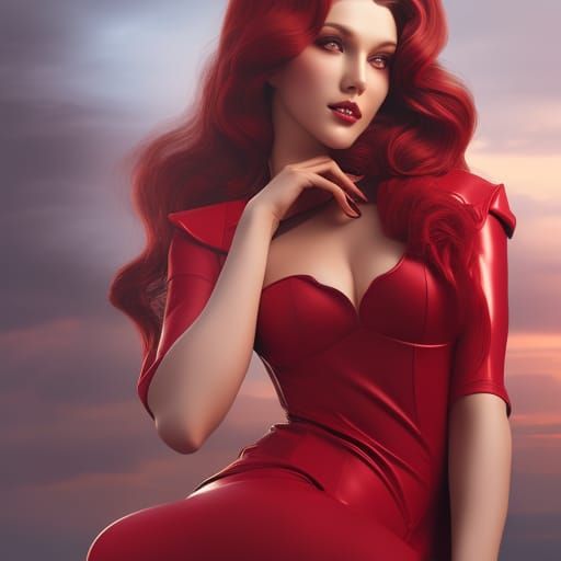 Girl in Red Latex Dress, Hyperdetailed Portrait