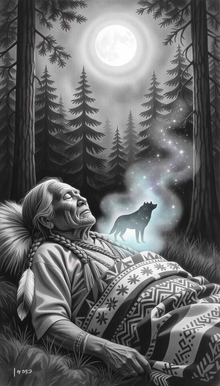 Elderly Indigenous Warrior Asleep in Forest, Graphite & Wate...