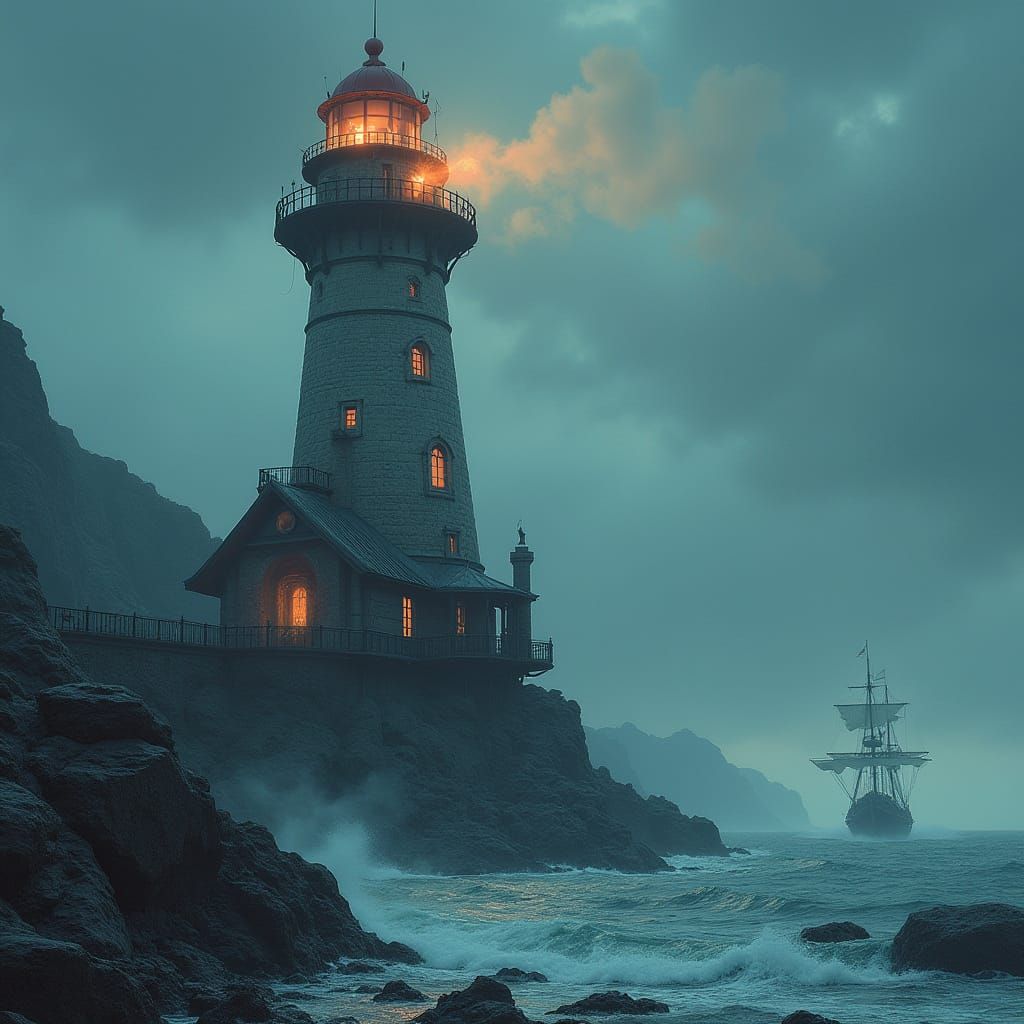 Lighthouse and Pirate Ship in Futuristic Style