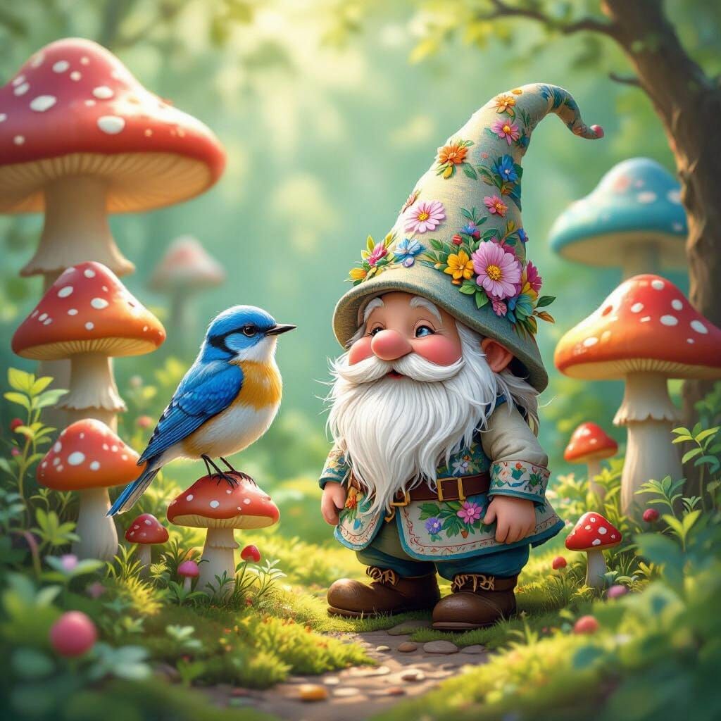 Gnome and Bluebird in Mushroom Garden, Art Nouveau