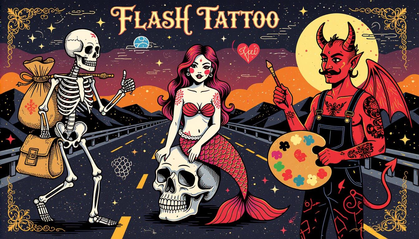 Gothic Flash Tattoo Art with Skeletons and Devils
