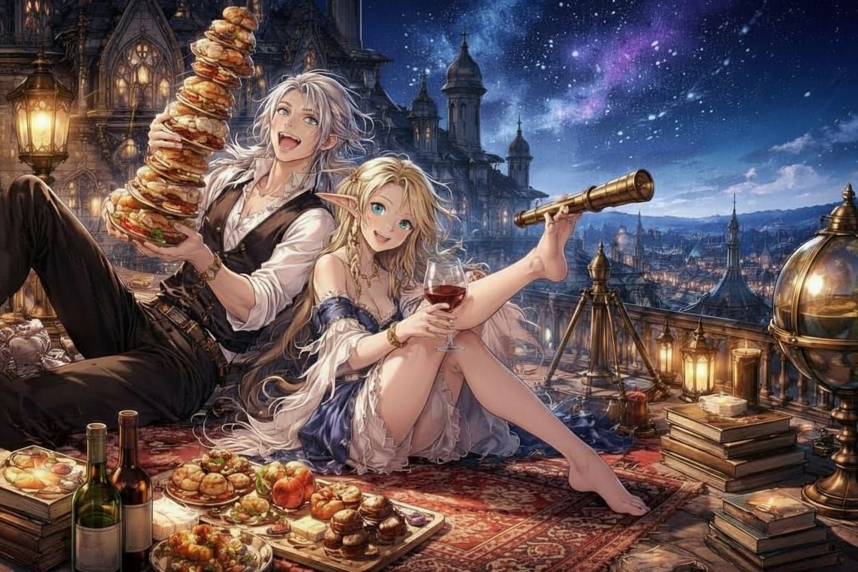 Gothic Mansion Rooftop Picnic Under Starry Sky