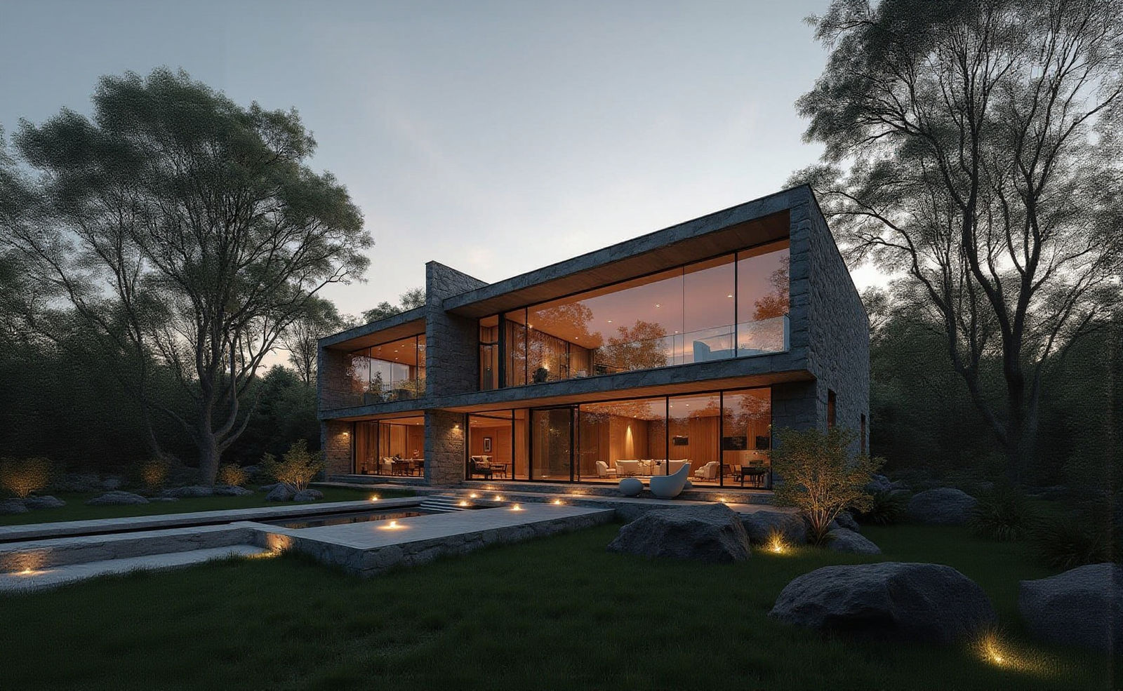 Modern Villa with Stone Facade at Sunset
