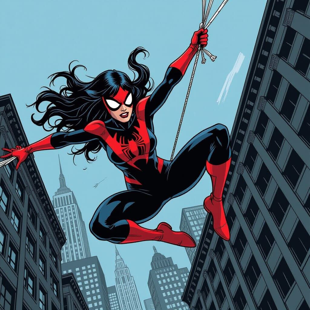 Spiderwoman Swings Through Gritty Comic Book Cityscape