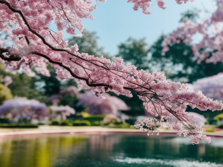 Hyperrealistic Cherry Blossom Tree in Japanese Garden