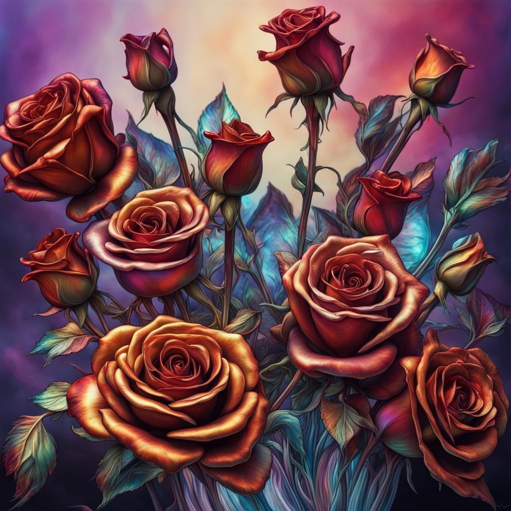Iridescent Molten Metal Roses in Hyperrealistic Style