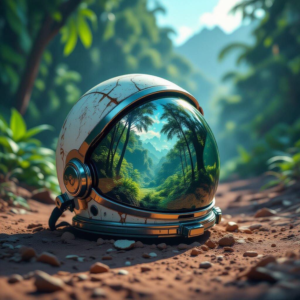 Jungle in Space Helmet: Hyperrealistic 3D Art