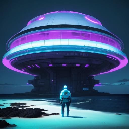 Futuristic Research Station on Remote Island with Neon Light...