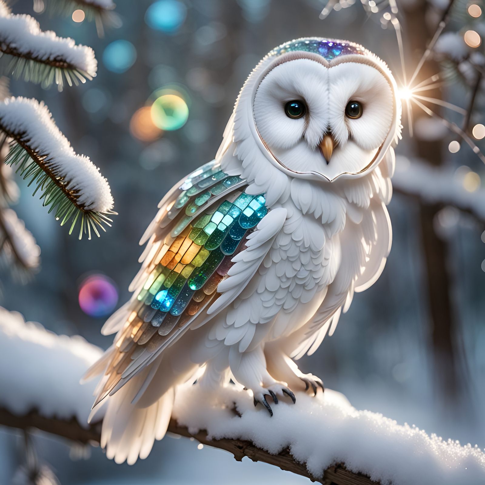 Crystal Barn Owl on Snowy Branch