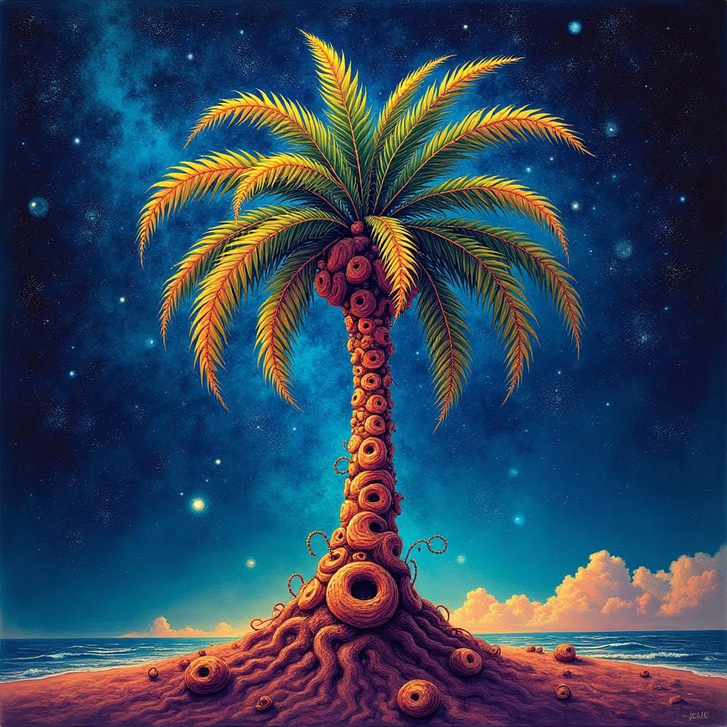 Palm Tree in Astral Night Sky, Visionary Art