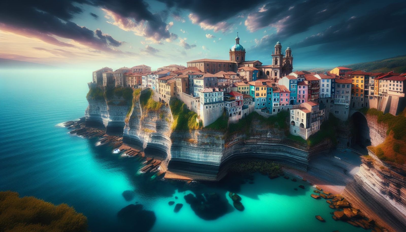 Charming Coastal Town with Turquoise Sea and Dome