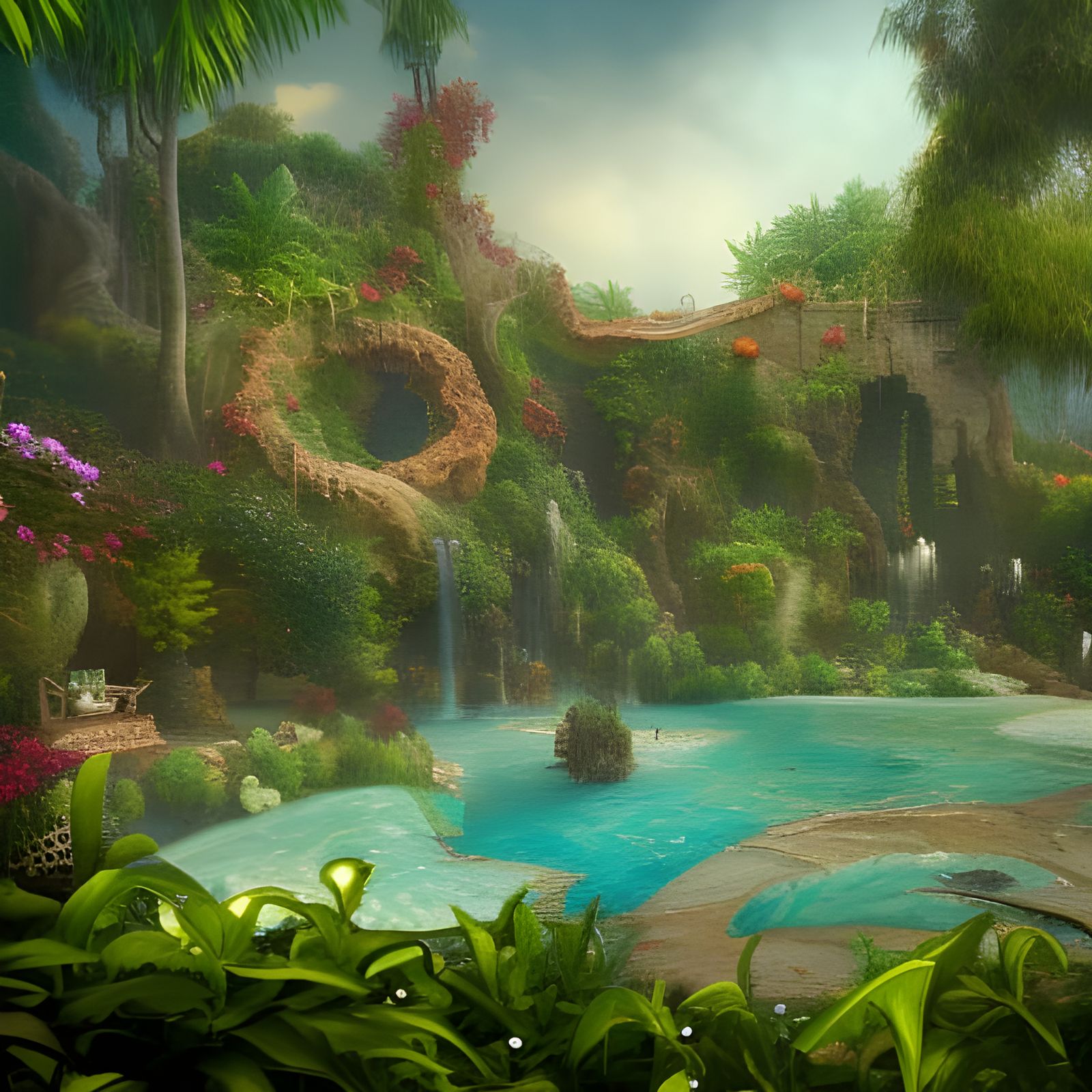 Lush Pool Surrounded by Plants: Detailed Fantasy Art