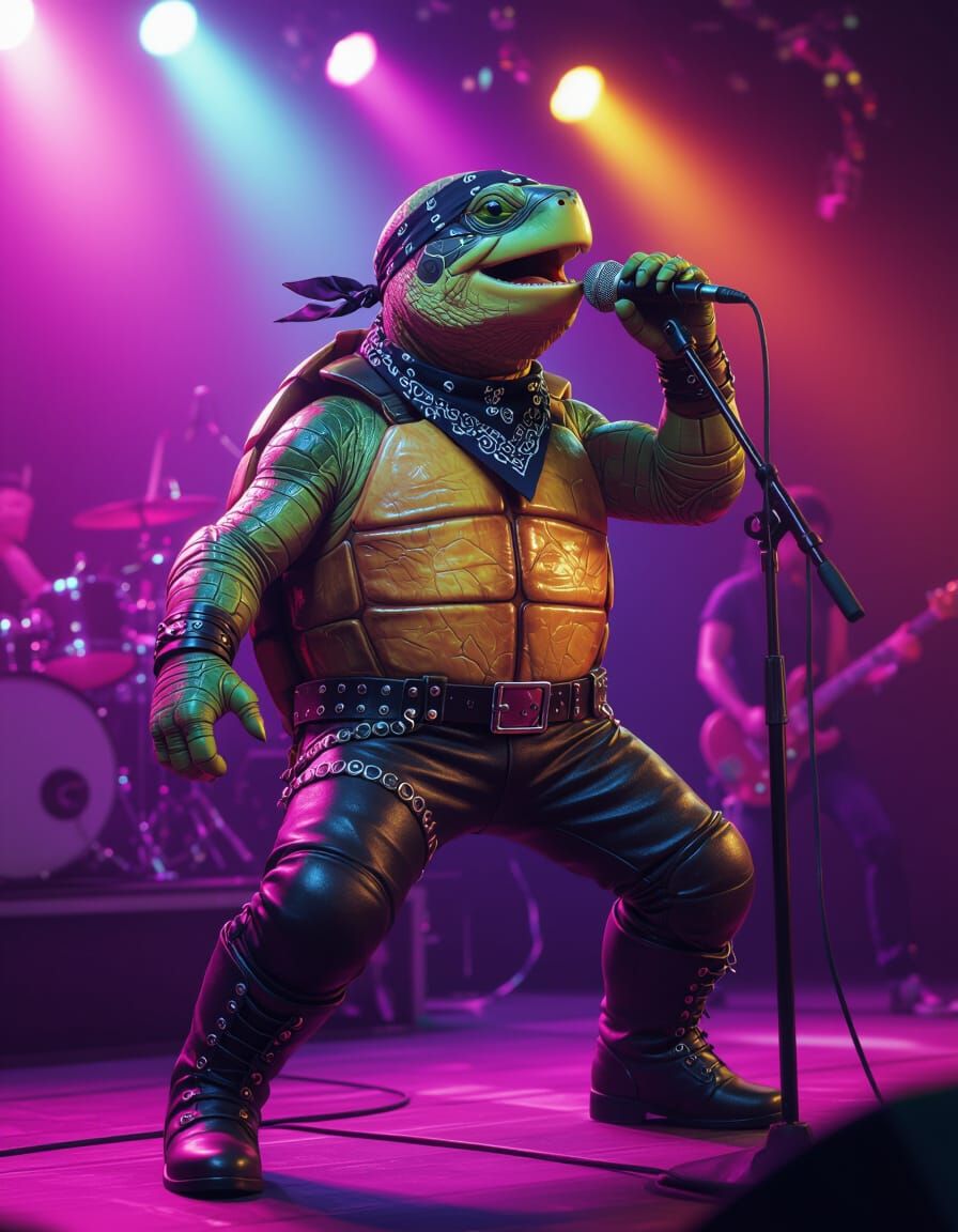 Hair Metal Turtle Concert in 80s Cyberpunk Style