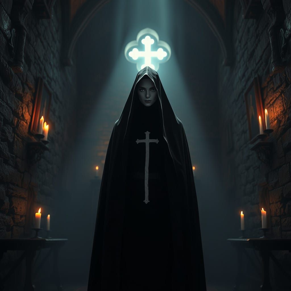 Goth Nun in Ancient Chapel with Mysterious Aura