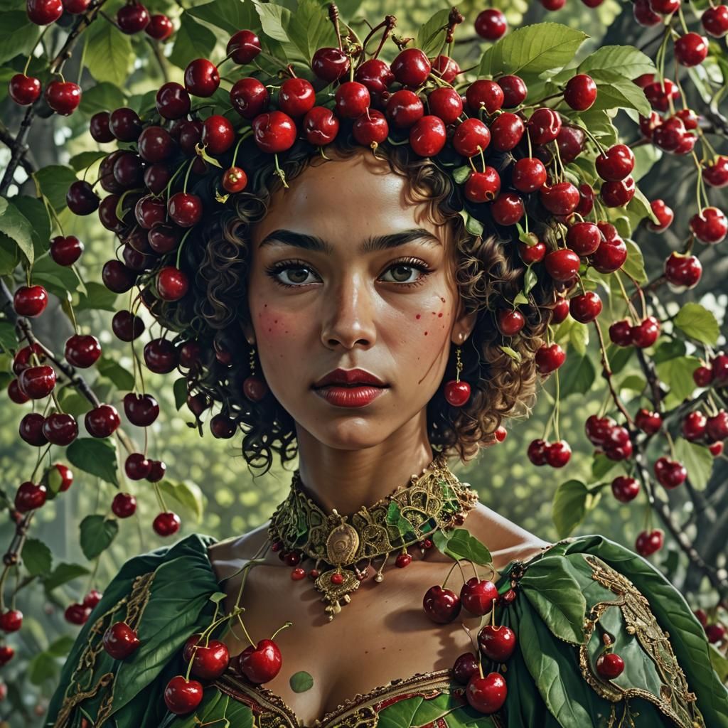 Cherry Goddess Portrait in Hyperrealistic Style
