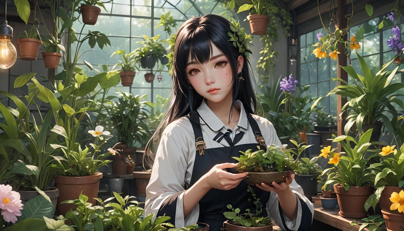 Magic Botanist Infusing Plants in Anime Style