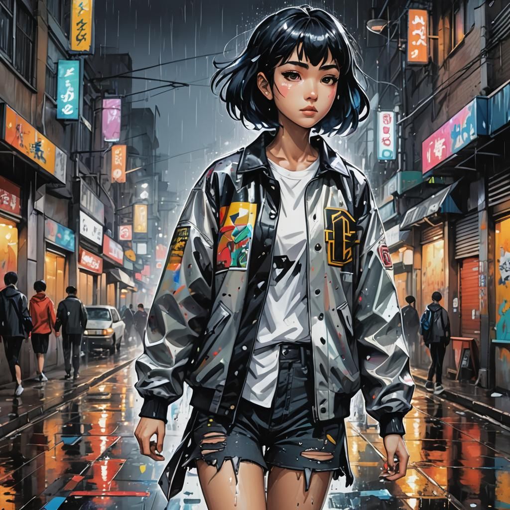 Girl in City at Night in 90's Anime Style
