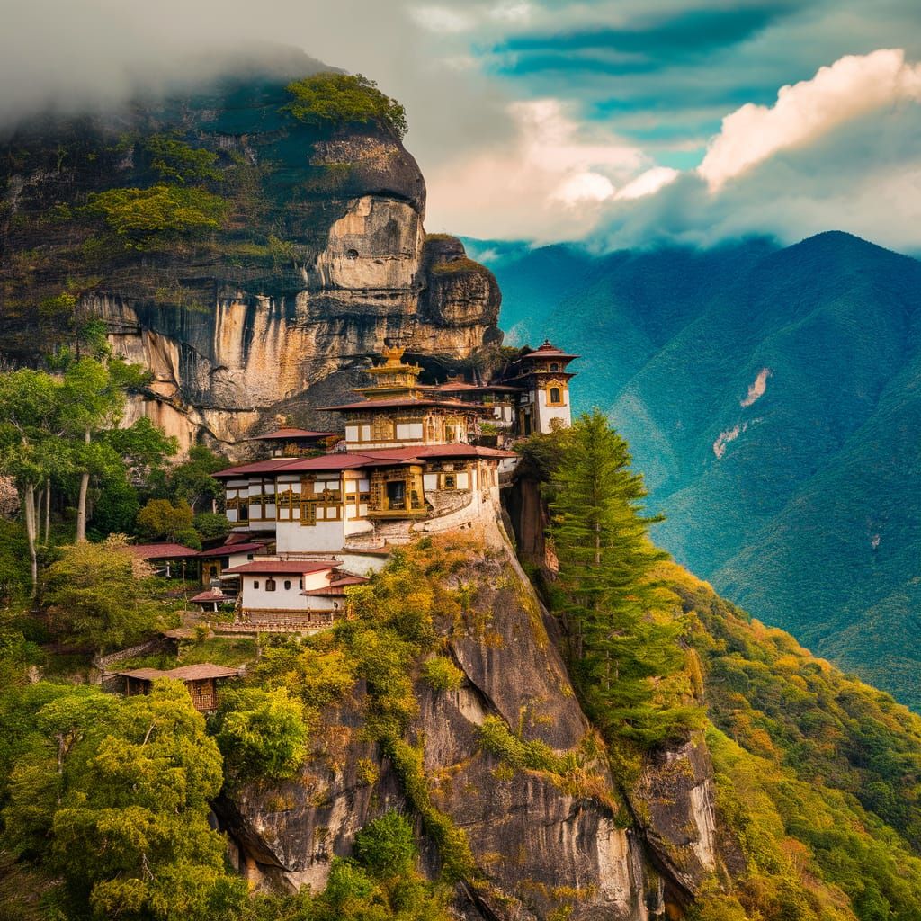 Cliffside Temple Complex in Green Mountains: A Serene Photog...