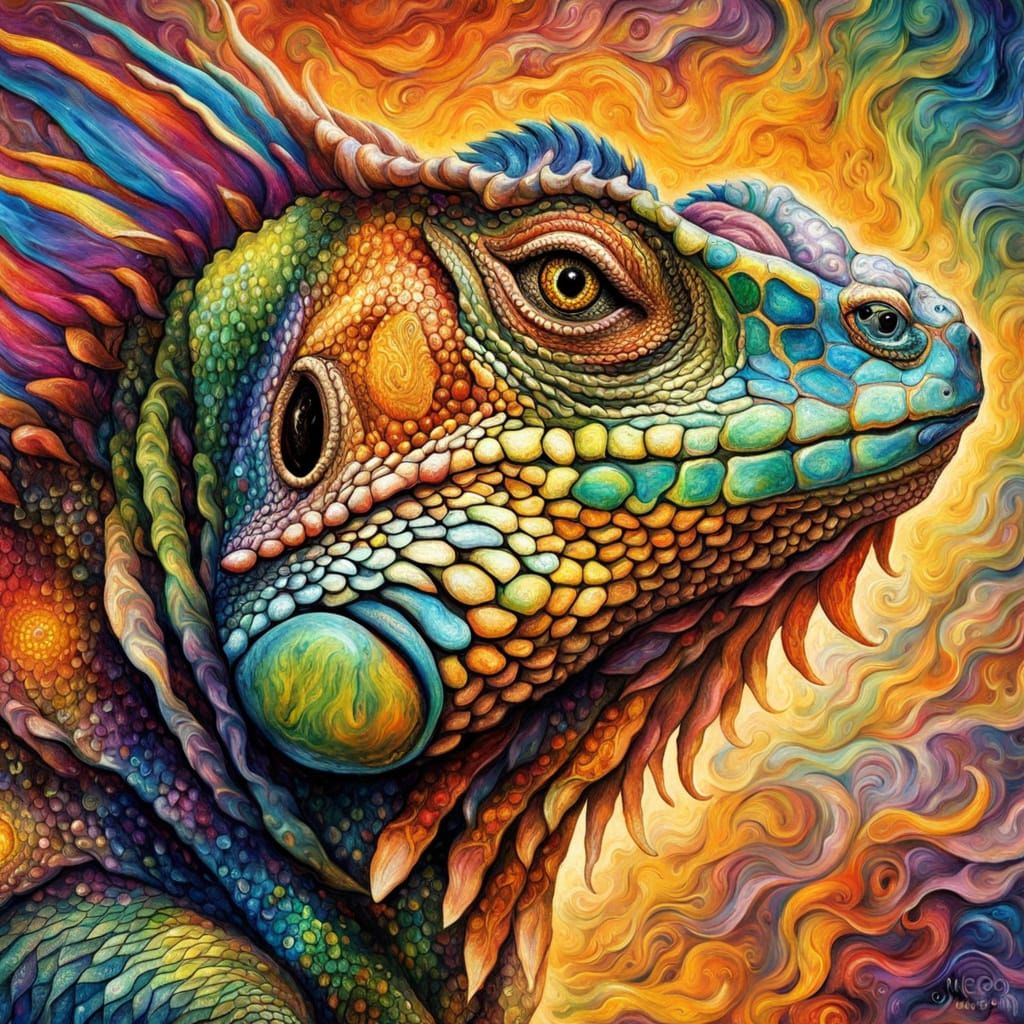 A rainbow-colored iguana