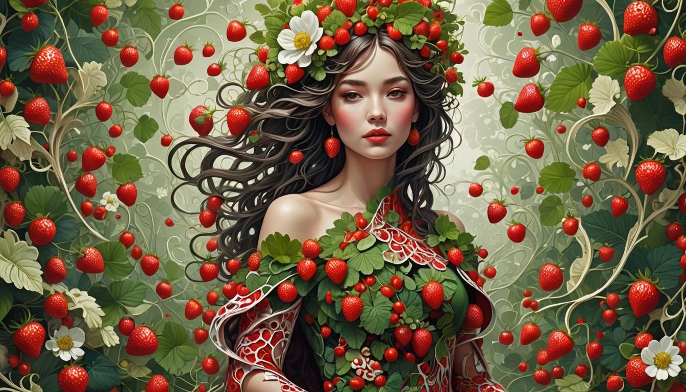 Beautiful Woman in Strawberry Dress, 3D Digital Art