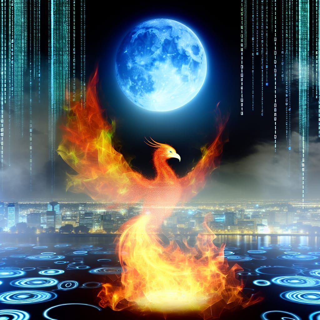 Phoenix Reborn in Holographic Cyberpunk Cityscape