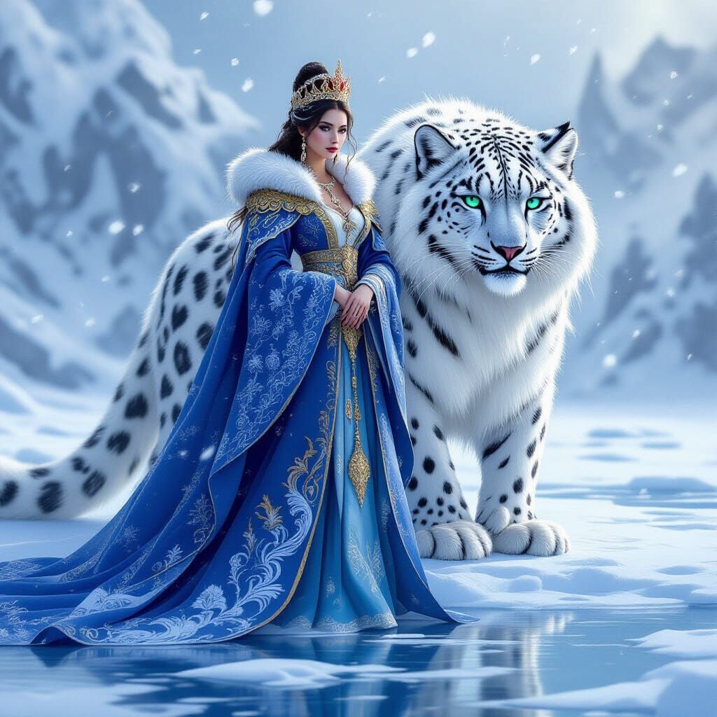 Queen and Snow Leopard Spirit on Frozen Lake