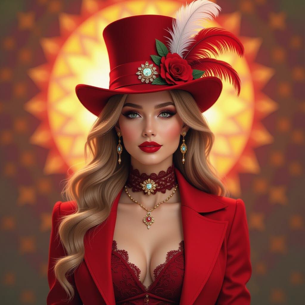 Woman in Red Jacket with Feathered Top Hat