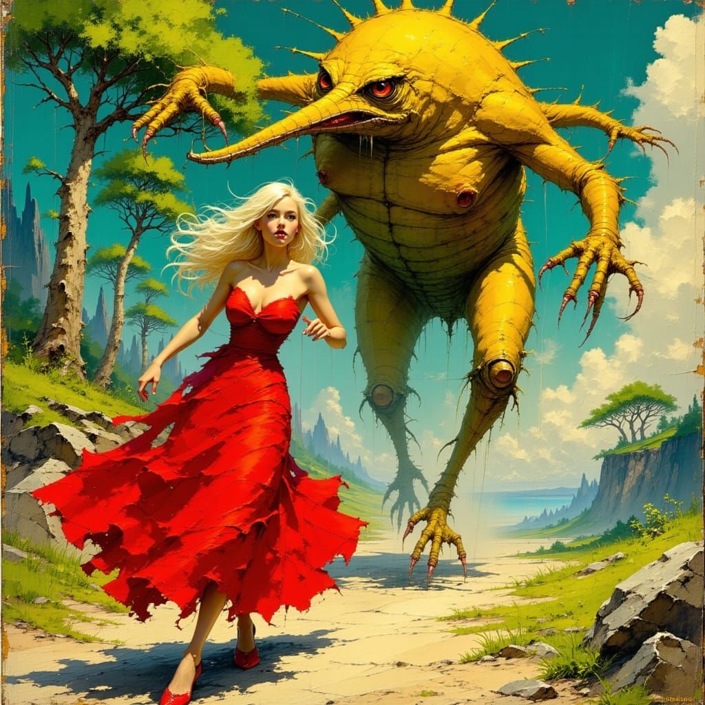 Woman Fleeing Monster in Pulp Fiction Style