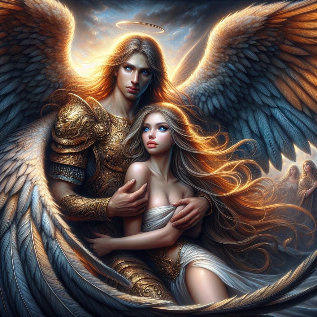 Archangel Michael Protecting a Woman: Fantasy Concept Art