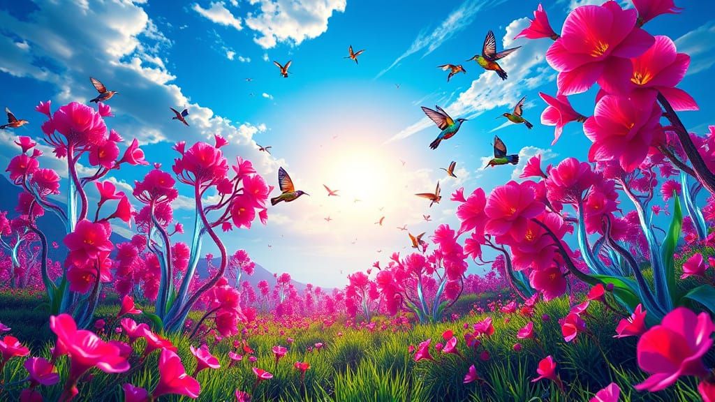 Surreal Valley of Crystal Vines and Glowing Hummingbirds