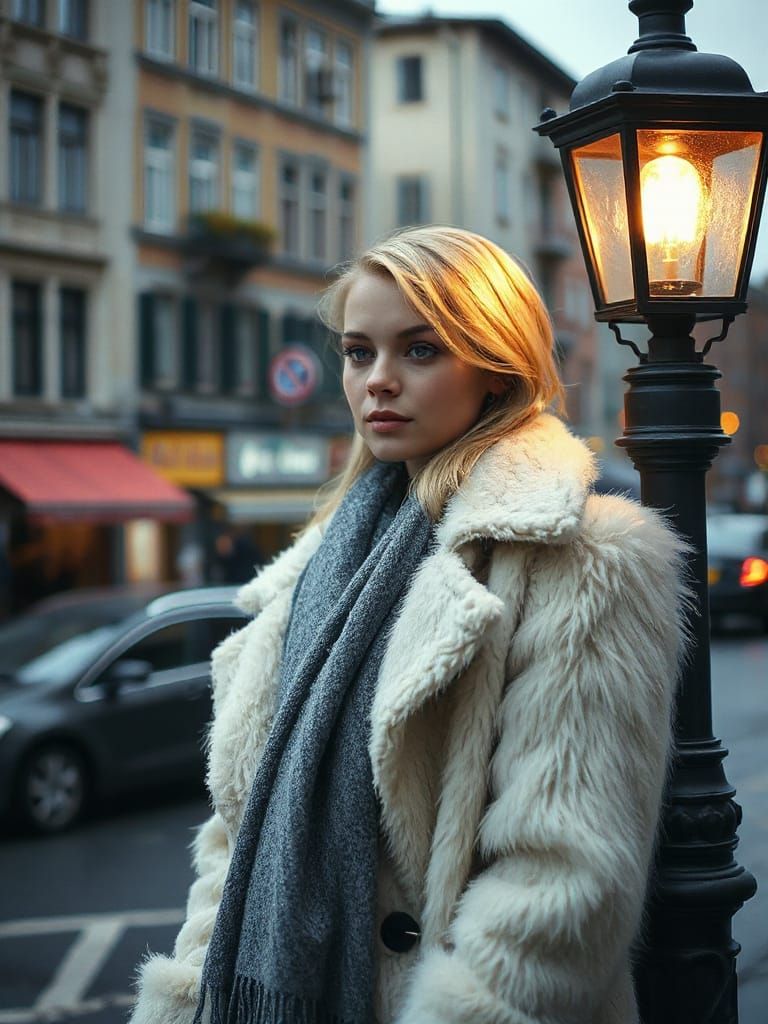 Blonde Woman in Fur Coat by Lamppost: Digital Art