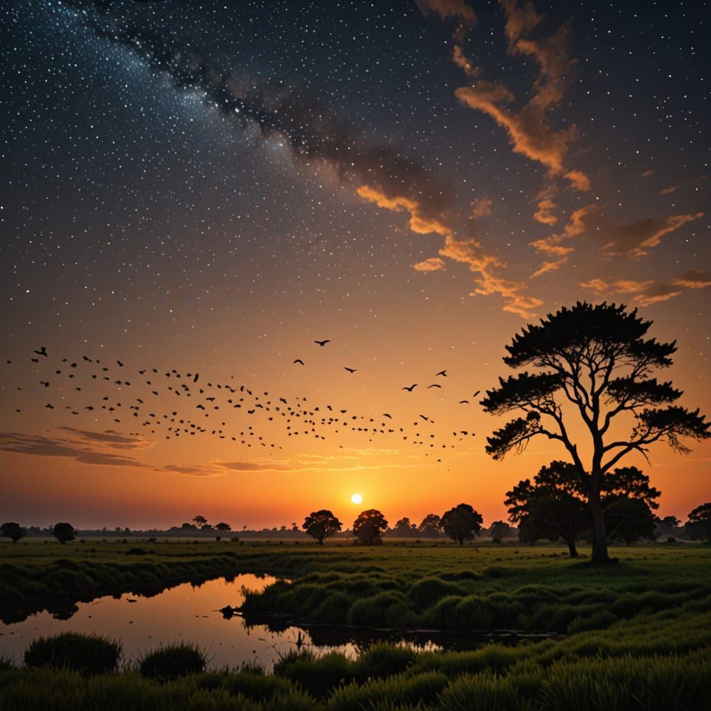 Tranquil Sunset Landscape with Stars and Birds