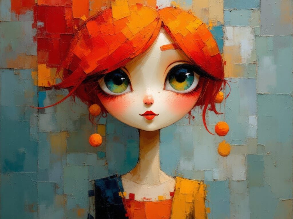 Ethereal Gypsy Punk Girl with Wild Red Hair and Huge Eyes