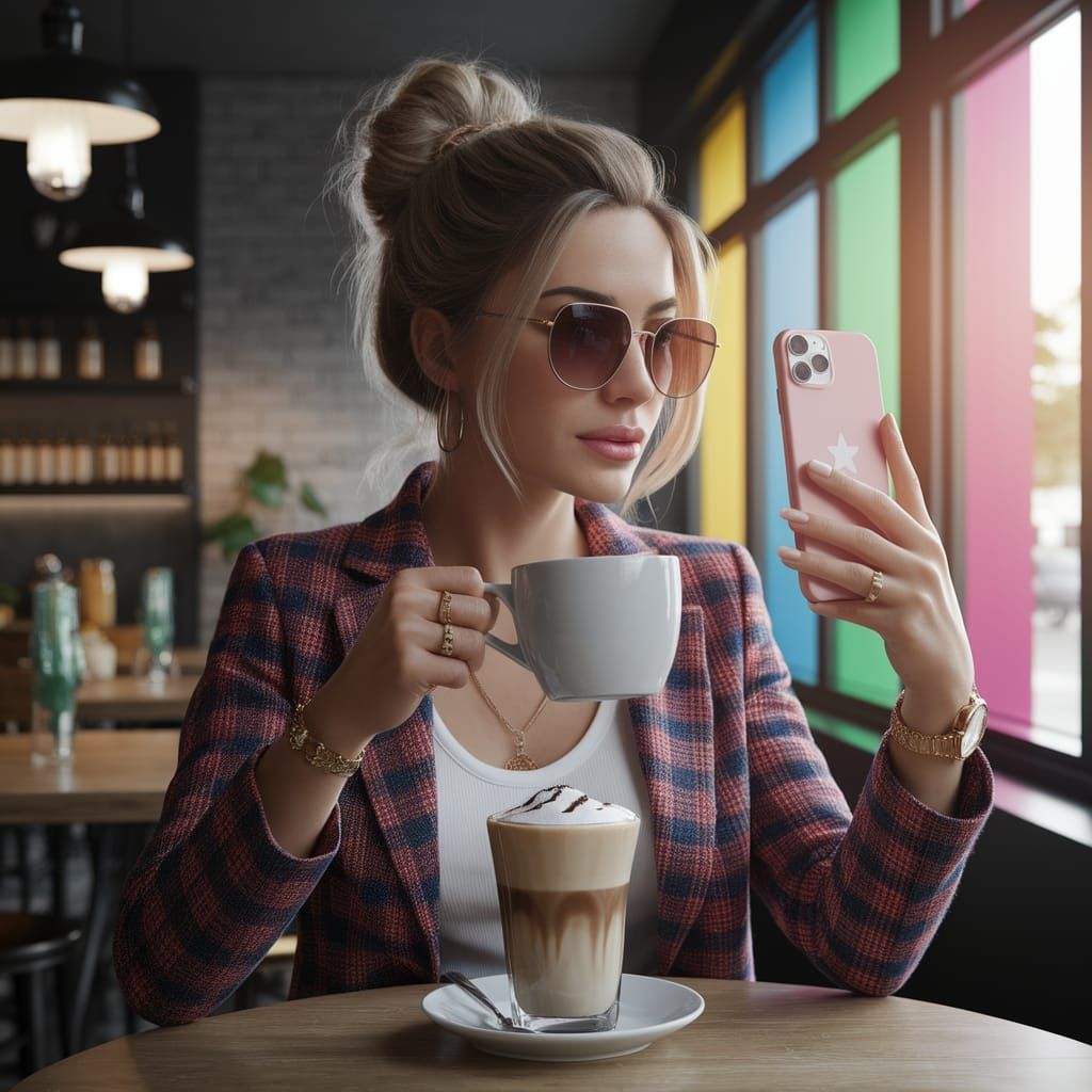 Trendy Fashionista Sips Cappuccino in Chic Cafe