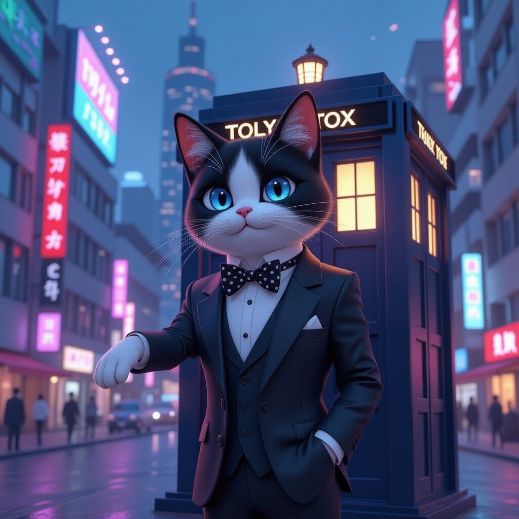 Stylish Cat Emerges from TARDIS in Tokyo, Anime Style