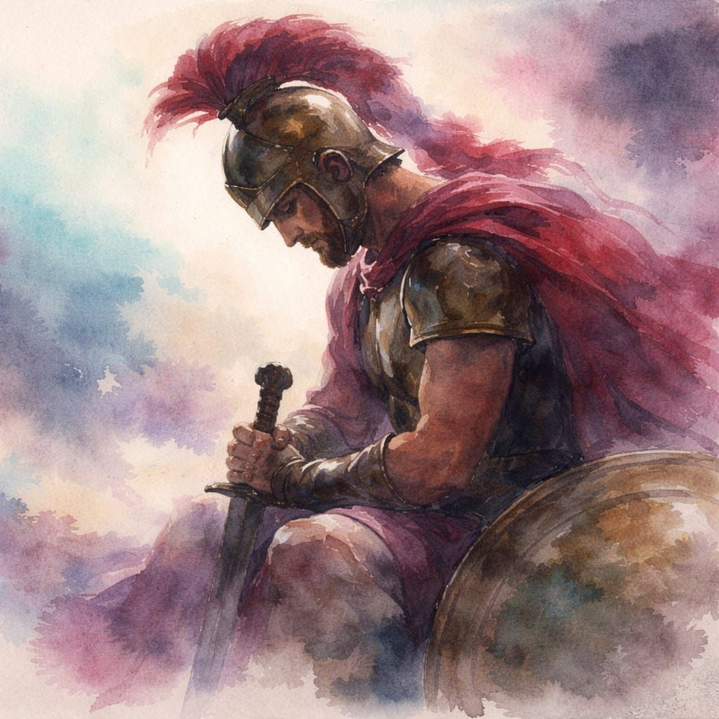 Melancholic Watercolor of Hector Before Battle