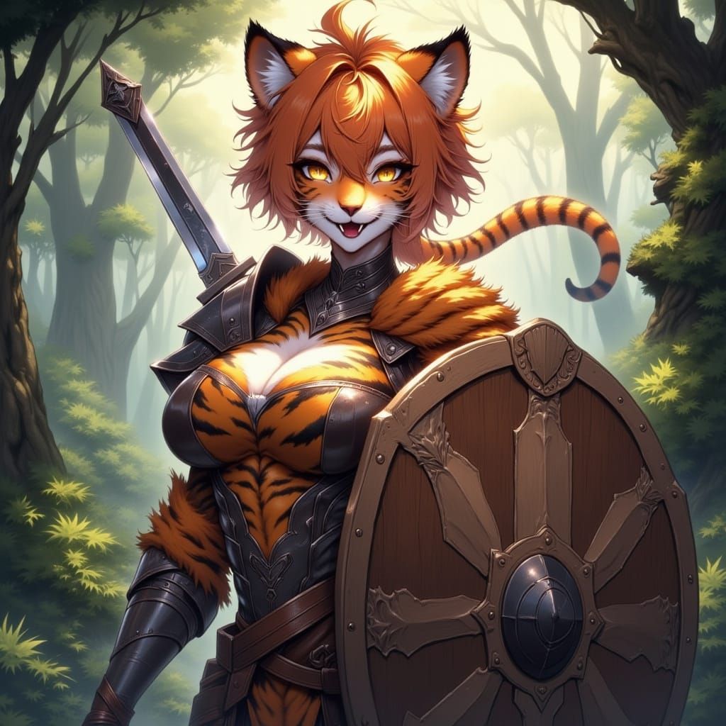 Fantasy Warrior Goddess with Tiger Ears and Striped Armor