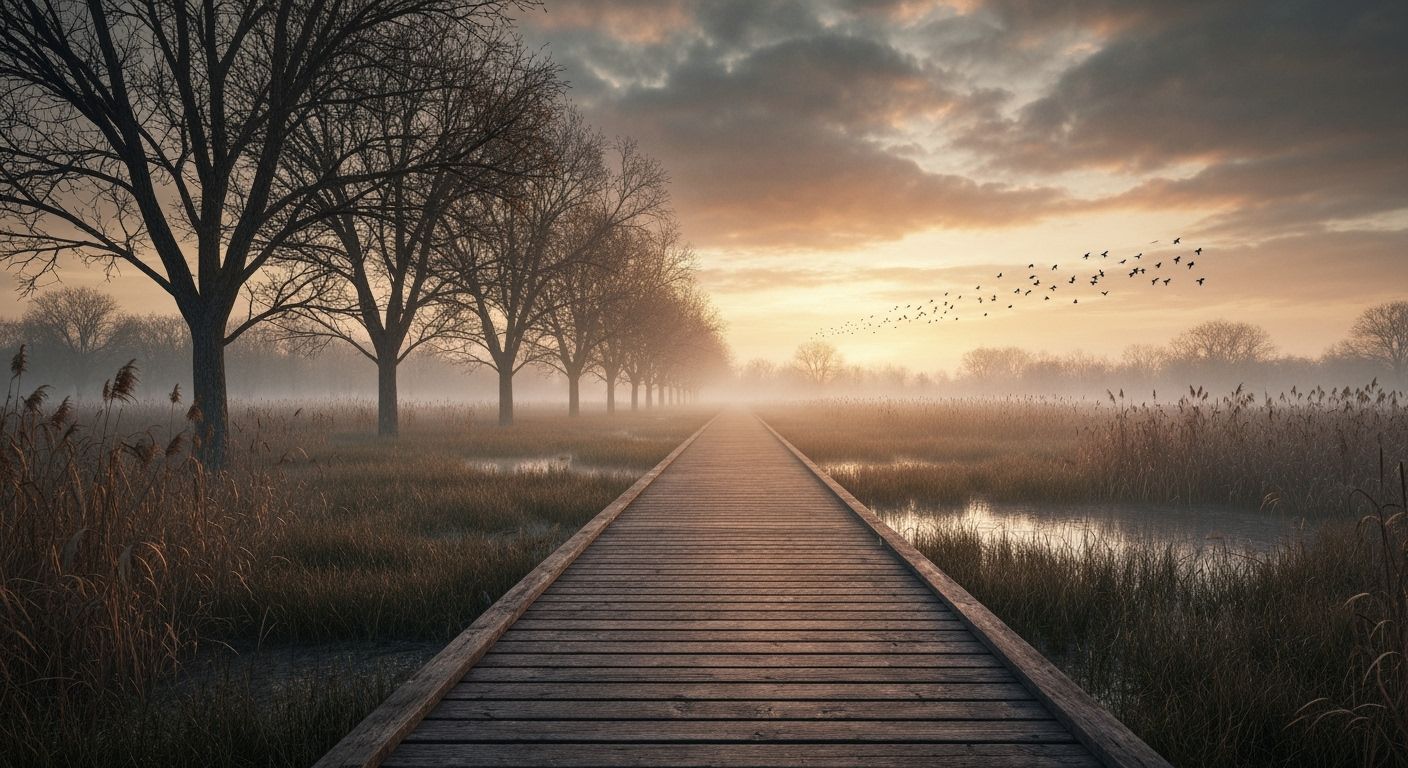 Mystical Boardwalk Through Misty Marsh at Sunset