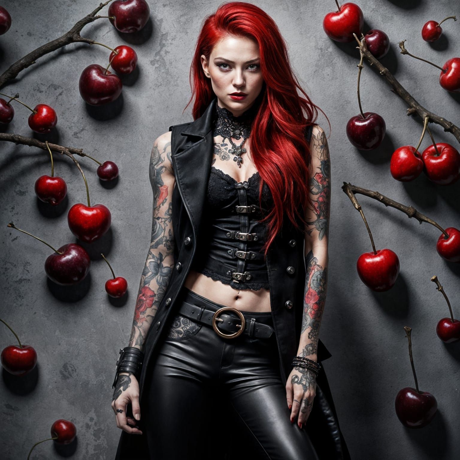 Punk Woman Poses with Cherry Red 1966 Chevy Impala