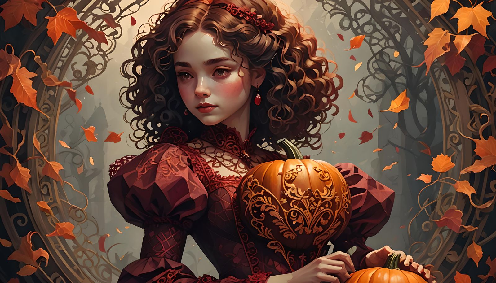 Baroque Autumn Illustration with Ruby Pumpkin