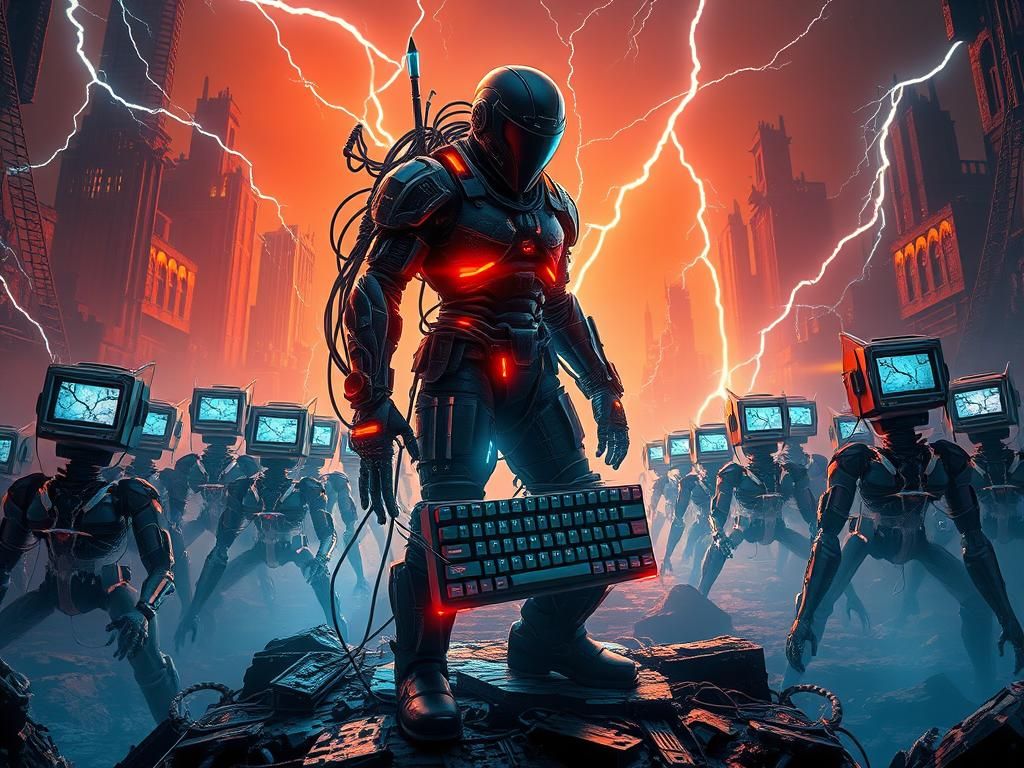 Cybernetic Keyboard Warrior Leading Monitor Robot Army